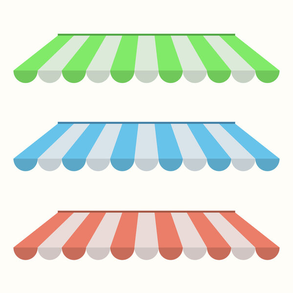Set of colorful striped awnings for shop and marketplace. Flat design. Vector illustration