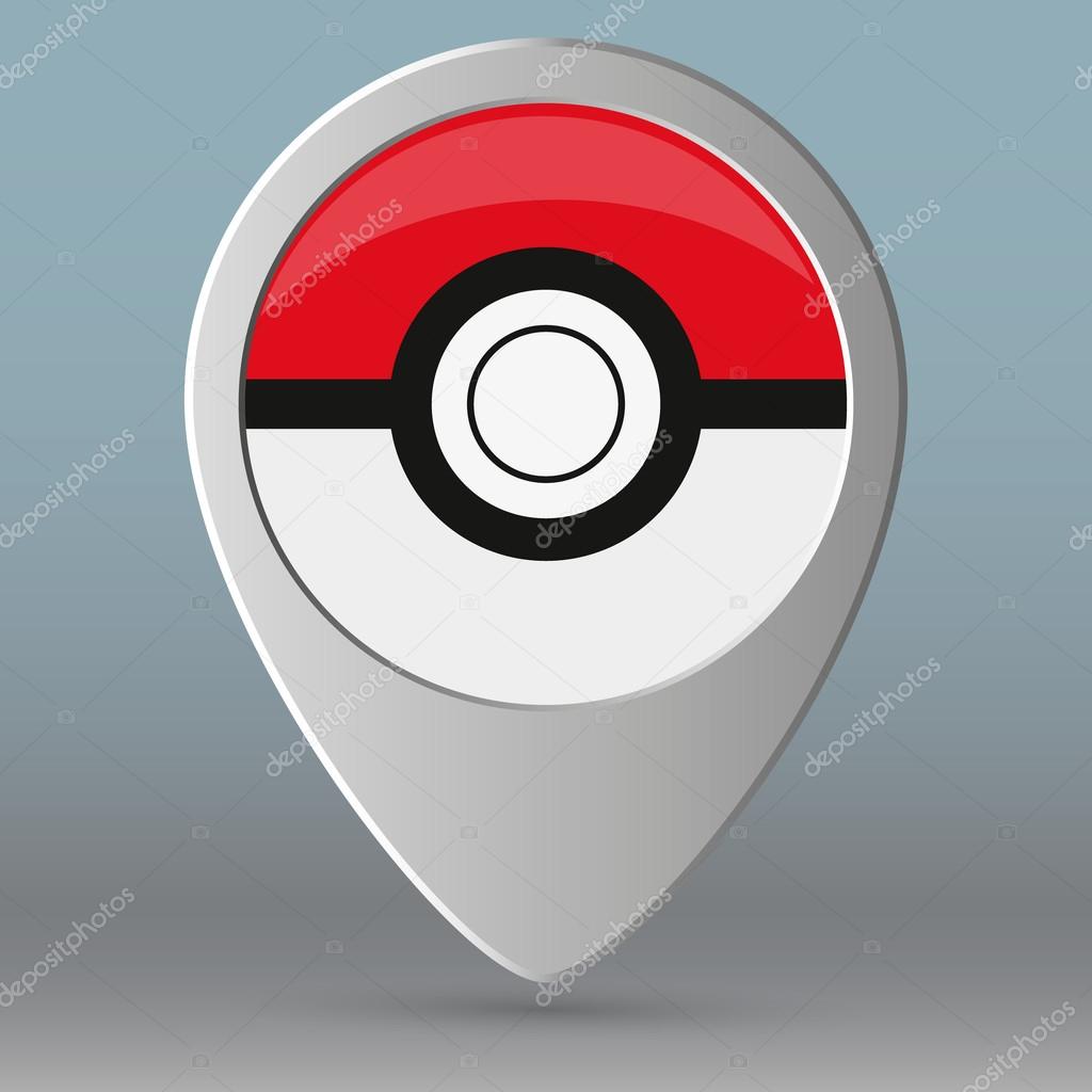 Map pin like pokeball. concept of gps navigation, retro mark, cute, find outside, entertainment application