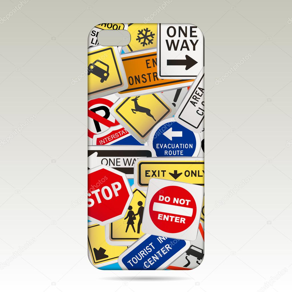 Montage of Numerous Traffic Control Signs and Signals. cover smartphone .vector illustration