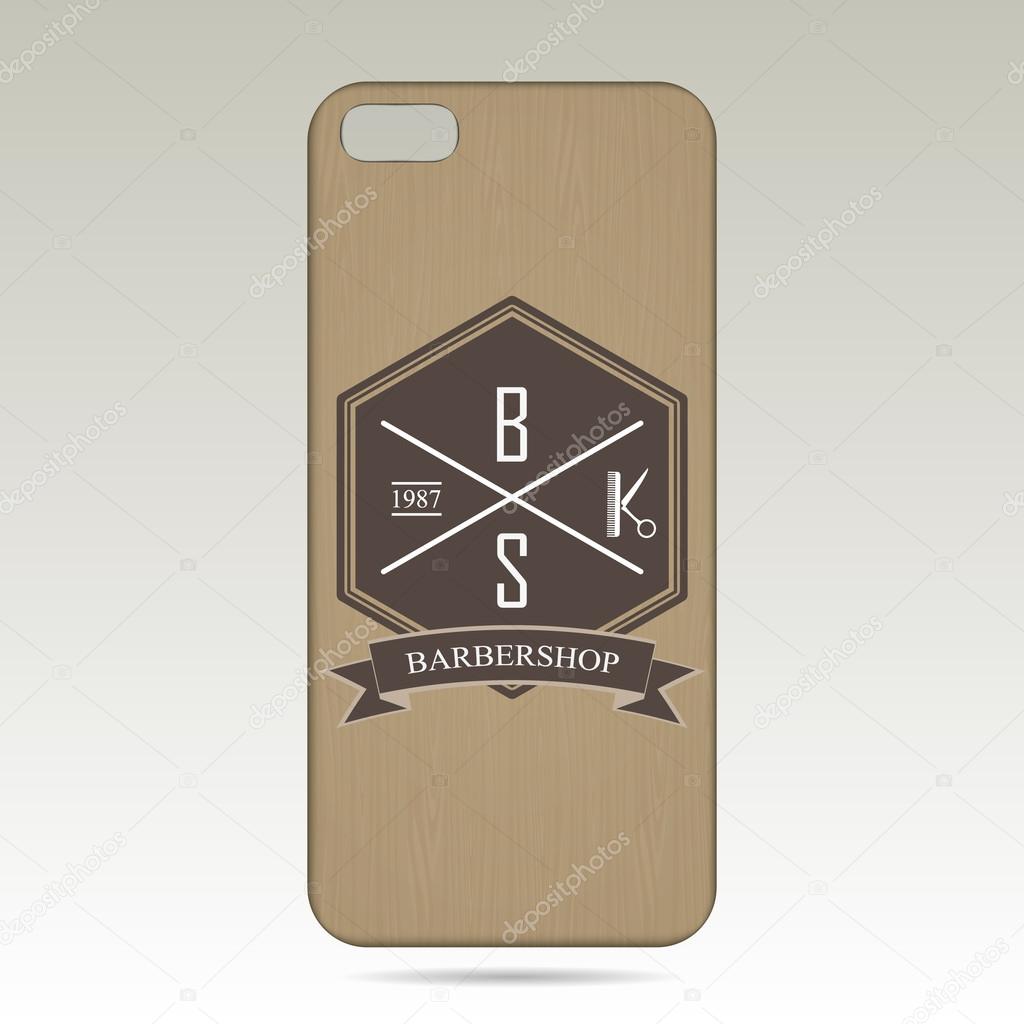 Wooden case for phone. logo for barbershop, hair salon vector illustration.
