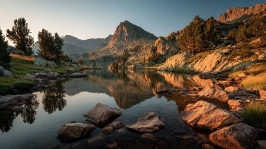 Güzel dağ gölü. Arkasında kayalar var şafakta.