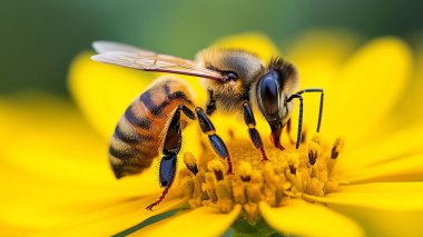 Mavi gökyüzü olan bir çiçeğin üzerindeki arıya yaklaş.