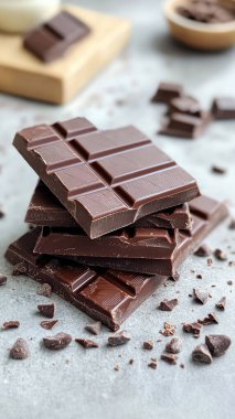 Tahta masanın üzerinde kakao tozu olan çikolata.