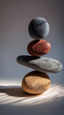 Gri arkaplanda taş yığını, ahenk, denge, denge, meditasyon
