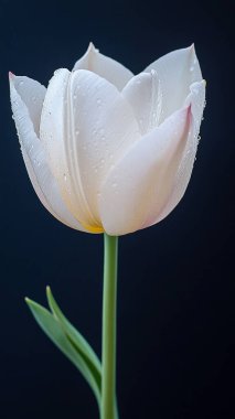 Beyaz lale çiçeği, koyu arkaplanı yağmur damlalarıyla kaplar.