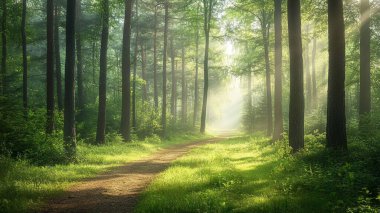 Ağaçların arasından parlayan güneşli orman yolu