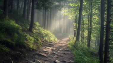 Sisli yaz sabahında güzel bir orman ve patika. Karpatlar, Ukrayna