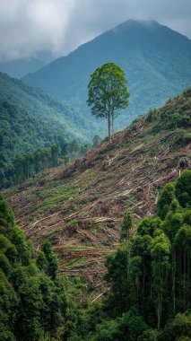 Ağaçlarla ve bulutlu gökyüzüyle güzel bir dağ manzarasının dikey görüntüsü.