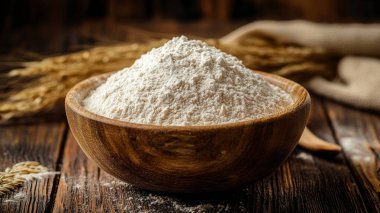 Tahta bir kasede un ve buğday tarlasında kırsal bir masada kaşık..