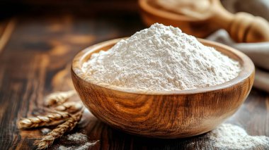 Unlu kompozisyon ve ahşap masada bir kase buğday.