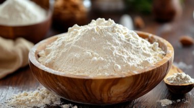 Tahta masaya un ve oklavayla kase.