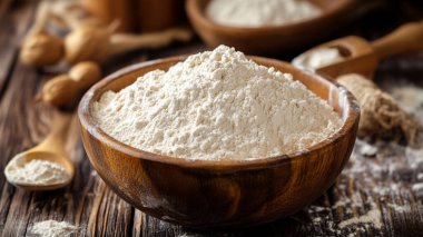 Ahşap arka planda bir kase un ve tahta kaşıkla kompozisyon.