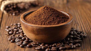 Bir fincan kahve ve ahşap masadaki toz.