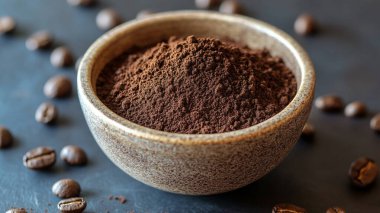 Tahta arka planda bir kase öğütülmüş kahve