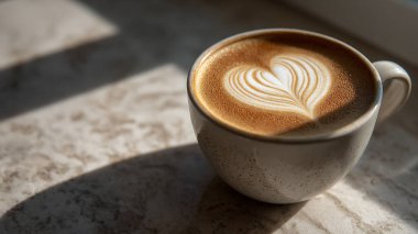 Bir fincan kahve ve masada latte sanatı.