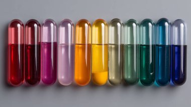 Şeffaf bir bardakta farklı renklerde renkli kapsüller. Kapat - kapat.