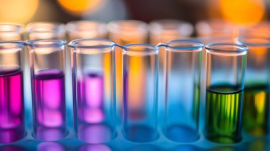 Laboratuvar camları, renkli kimyasal test tüpleri ve kimyasal araştırma konseptiyle bilimsel deney..