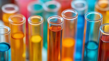 Mavi zemin üzerinde sıvı bulunan laboratuvar cam tüpleri..