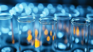 Siyah arka planda mavi sıvı bulunan laboratuvar bardakları. Bilim ve teknoloji kavramı