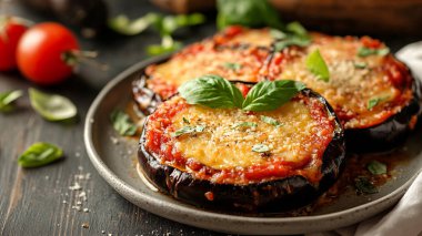 Tahta arka planda lezzetli bir patlıcan.