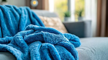 Mavi havlular ve mavi havlular yatak odasında..