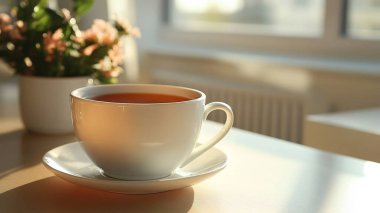 Bir fincan çay, kapalı masa, yakın plan.