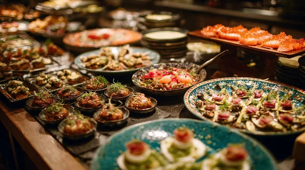 Restoranda çeşitli taze deniz ürünleri ve sebzeler