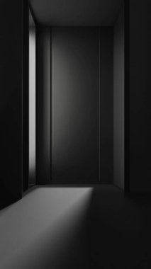 Aydınlık ve karanlık arka planı olan boş bir karanlık oda. 3d oluşturma