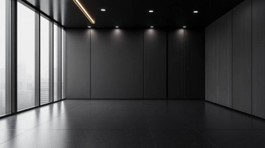 Siyah duvarlı modern iç mekan, koyu beton zemin, maket, bilgisayar ofisi ve ofisi. 3d oluşturma