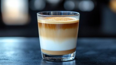 Bir fincan kapuçino, koyu taştan bir arka planda, köpüklü bir kahve..