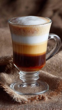 Siyah arka planda tarçınlı bir bardak kahve.