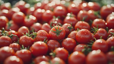 Kırmızı olgun domatesler. Yakın çekim. Taze organik domateslerle donatılmış.