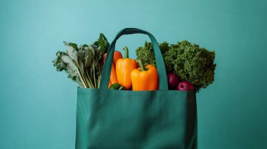 bag of vegetables and fruits on color background with space for text.