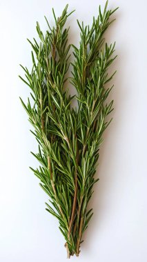 fresh rosemary leaves, isolated on white background, top view.