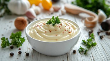 delicious fresh homemade mayonnaise on grey table, closeup