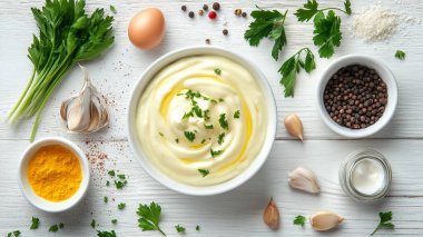 top view of tasty soup, ingredients and cooking on grey table