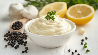 bowl with tasty mayonnaise on table