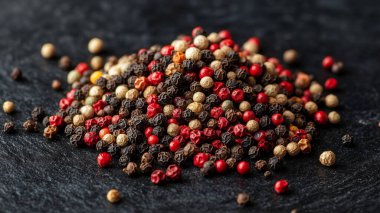 black pepper, red peppercorns and pepper