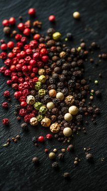 various colorful spices on dark background, top view