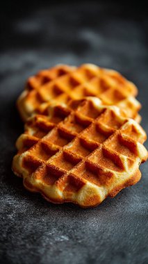 Kremalı Belçika waffle 'ı ve siyah arka planda pudra şekeri. Kapat..