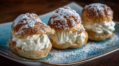 Kremalı Fransız pastası, tabakta pudra şekeri..