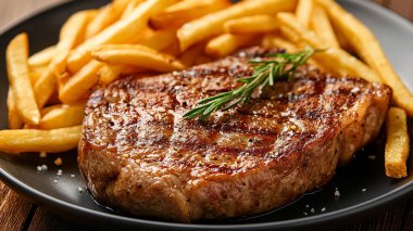 Kızarmış patates, biftek ve taze salata.