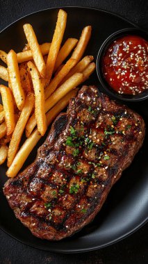 ızgara biftek ile kızarmış patates ve domates sosu