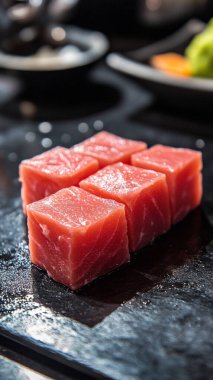 Siyah taş tahtada çiğ somon filetosu. Siyah arka planda tuz ve biberli taze çiğ somon. Çiğ taze et. Kapat - kapat.