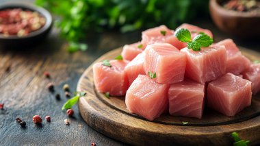 Bitki ve baharatlı taze çiğ ton balığı bifteği.