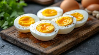 Tavada yumurtalar ve ahşap masada baharatlar.