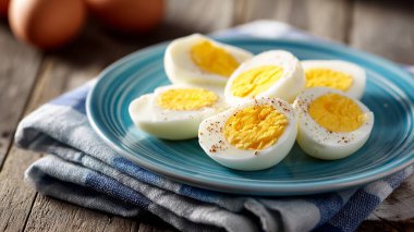 Tabakta kaynamış yumurta ve ahşap arka planda peçete.