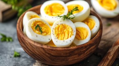 Ahşap bir tabakta haşlanmış yumurta ve baharat.