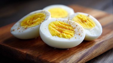 Tahta bir tabakta haşlanmış yumurta.