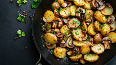 Bitki ve baharatlı kızarmış patates. sağlıklı yiyecekler.